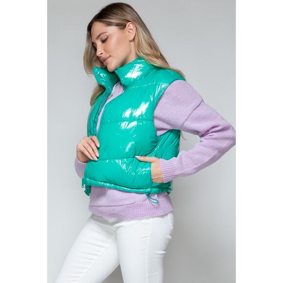 SNOBBISH Green Shiny Quilted Puffer Vest Full Zip Turtleneck Misses NEW Medium - Picture 4 of 11